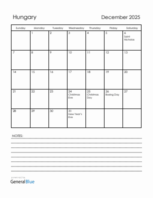 Current month calendar with Hungary holidays for December 2025