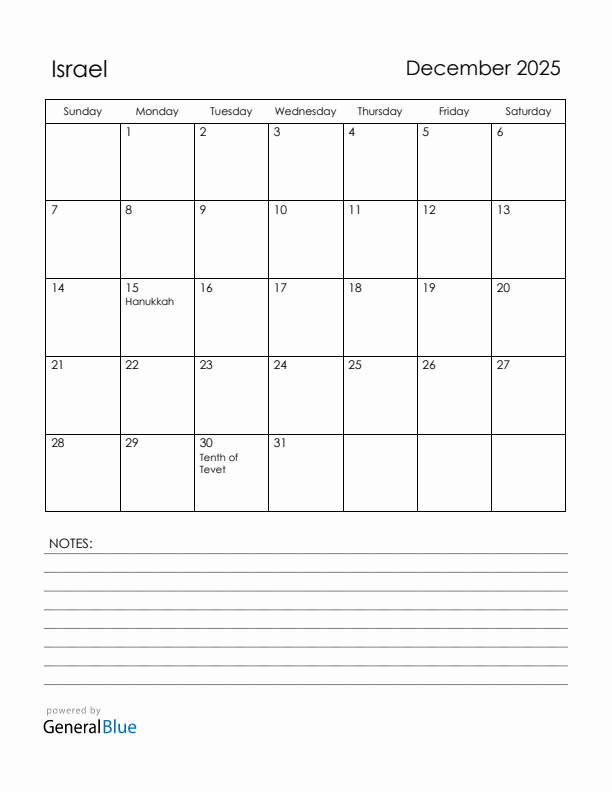December 2025 Israel Calendar with Holidays (Sunday Start)