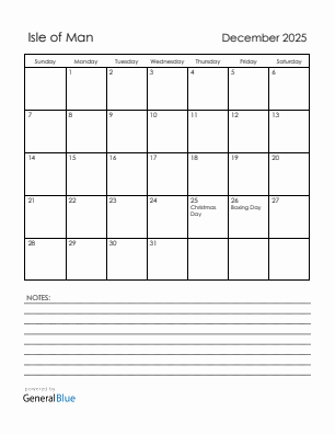 Current month calendar with Isle of Man holidays for December 2025