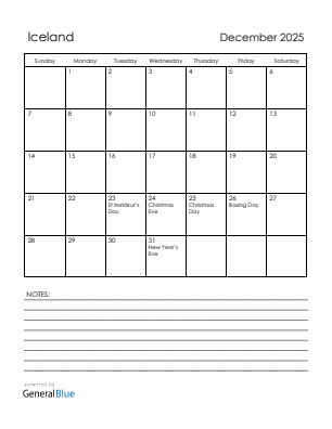 Current month calendar with Iceland holidays for December 2025