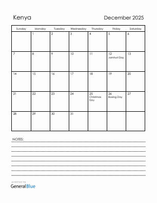 Current month calendar with Kenya holidays for December 2025