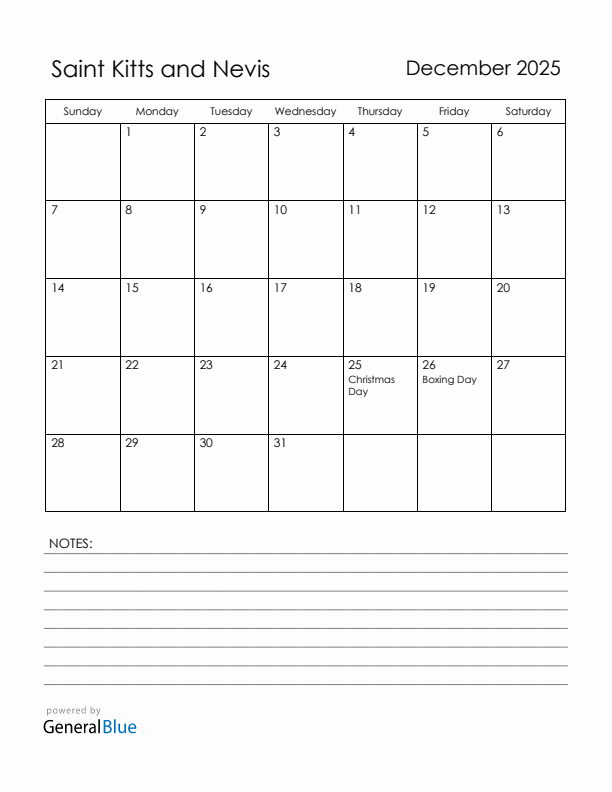 December 2025 Saint Kitts and Nevis Calendar with Holidays (Sunday Start)
