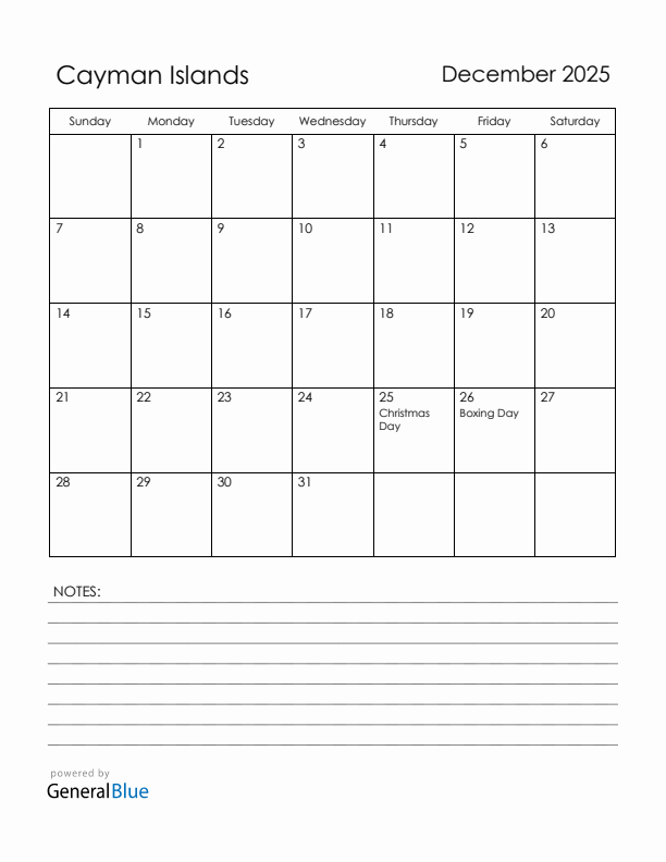 December 2025 Cayman Islands Calendar with Holidays (Sunday Start)