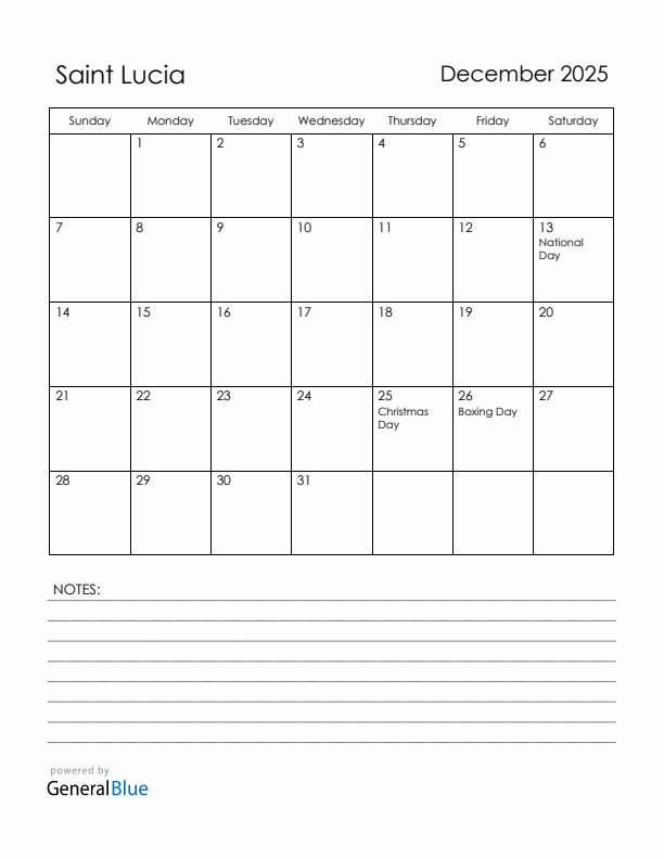 December 2025 Saint Lucia Calendar with Holidays (Sunday Start)