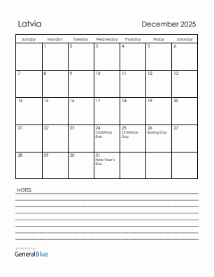 Current month calendar with Latvia holidays for December 2025