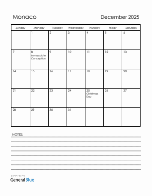 Current month calendar with Monaco holidays for December 2025