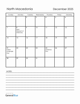 Current month calendar with North Macedonia holidays for December 2025