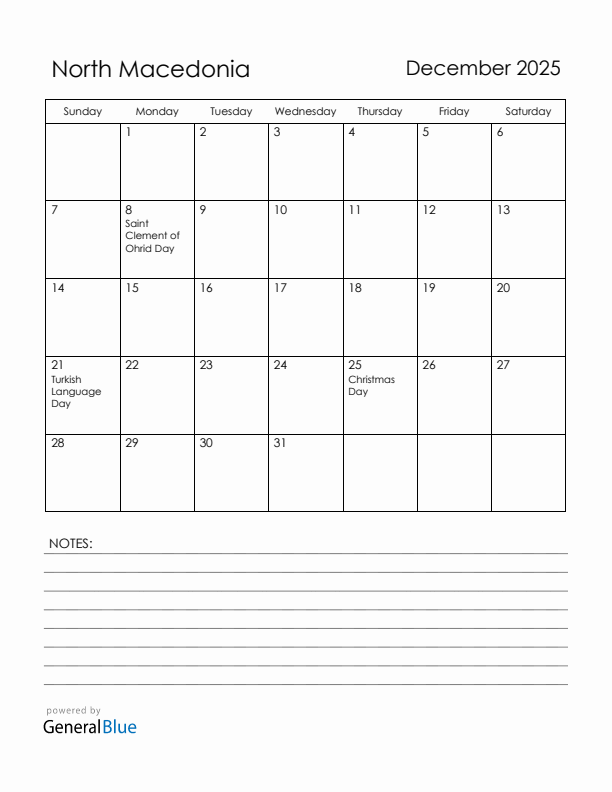 December 2025 North Macedonia Calendar with Holidays (Sunday Start)