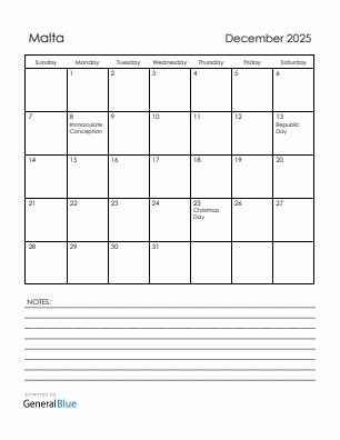 Current month calendar with Malta holidays for December 2025