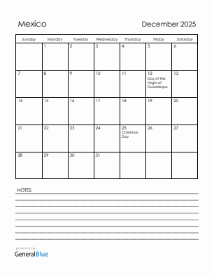 Current month calendar with Mexico holidays for December 2025