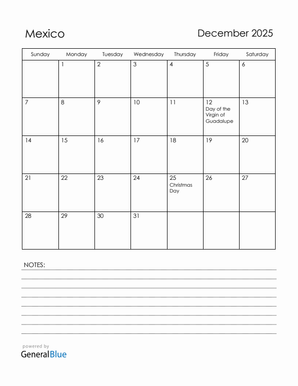 December 2025 Mexico Calendar with Holidays (Sunday Start)