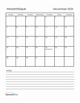 Current month calendar with Mozambique holidays for December 2025