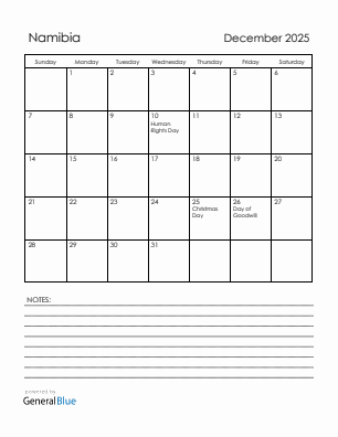 Current month calendar with Namibia holidays for December 2025