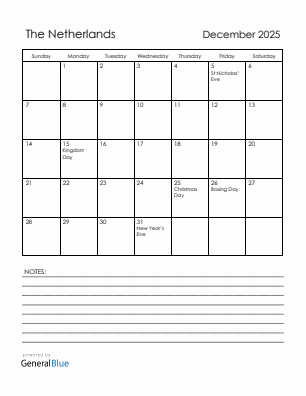 Current month calendar with The Netherlands holidays for December 2025