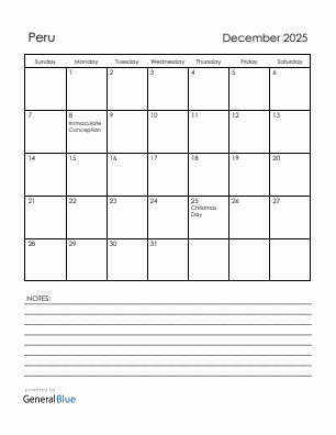 Current month calendar with Peru holidays for December 2025