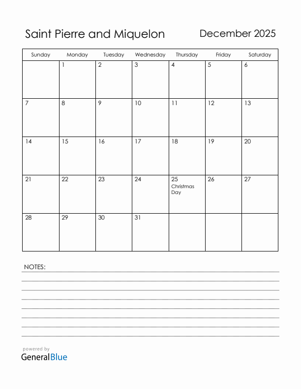 December 2025 Saint Pierre and Miquelon Calendar with Holidays (Sunday Start)