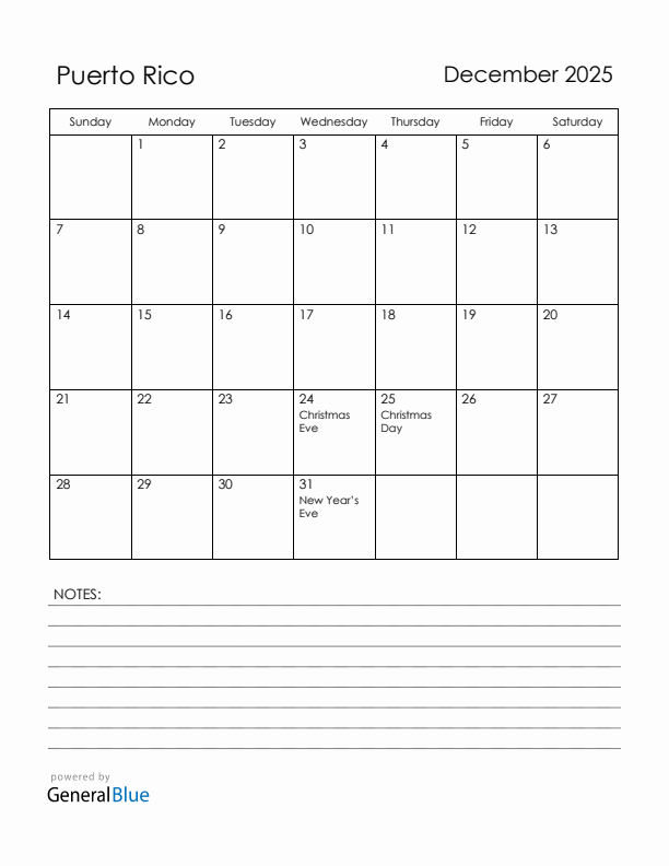 December 2025 Puerto Rico Calendar with Holidays (Sunday Start)