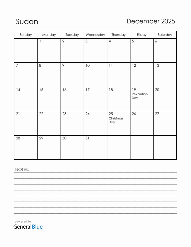 December 2025 Sudan Calendar with Holidays (Sunday Start)
