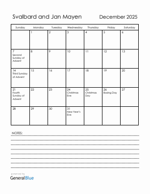 Current month calendar with Svalbard and Jan Mayen holidays for December 2025