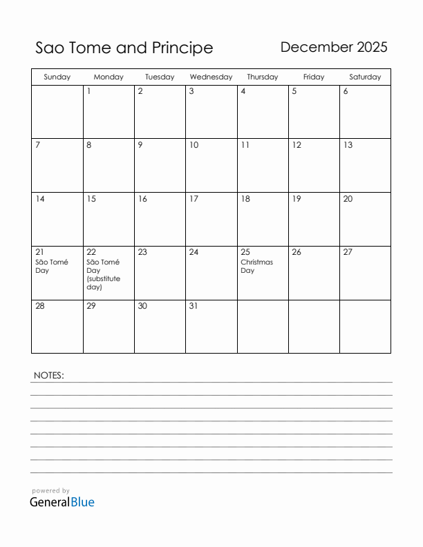 December 2025 Sao Tome and Principe Calendar with Holidays (Sunday Start)