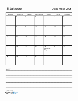 Current month calendar with El Salvador holidays for December 2025