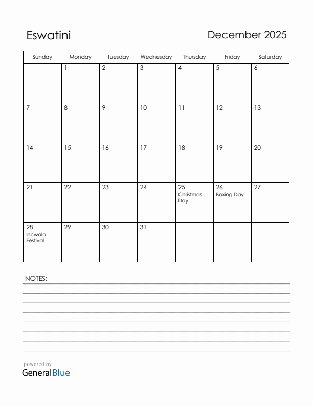 December 2025 Eswatini Calendar with Holidays (Sunday Start)