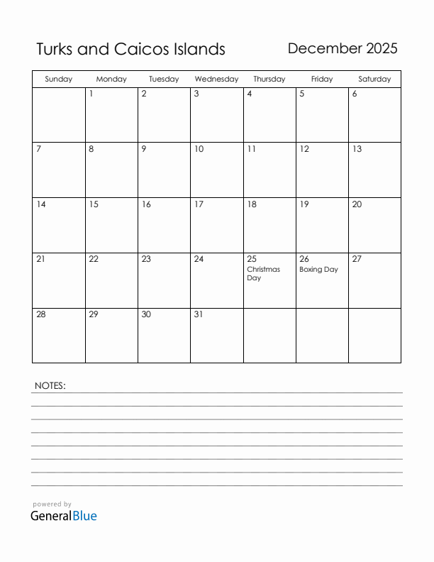 December 2025 Turks and Caicos Islands Calendar with Holidays (Sunday Start)