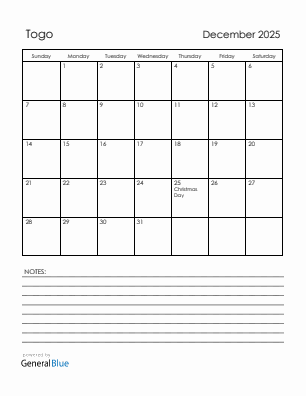 Current month calendar with Togo holidays for December 2025