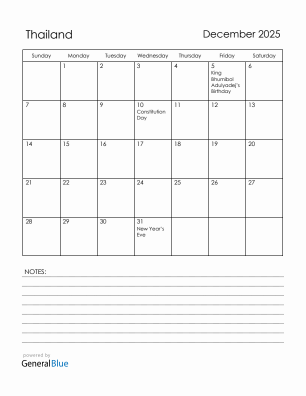December 2025 Thailand Calendar with Holidays (Sunday Start)