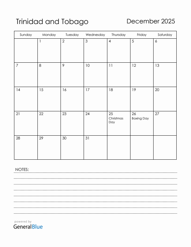 December 2025 Trinidad and Tobago Calendar with Holidays (Sunday Start)