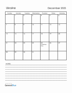Current month calendar with Ukraine holidays for December 2025