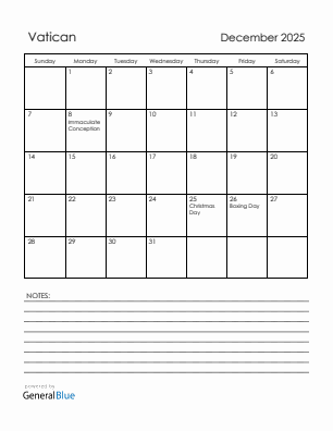 Current month calendar with Vatican holidays for December 2025