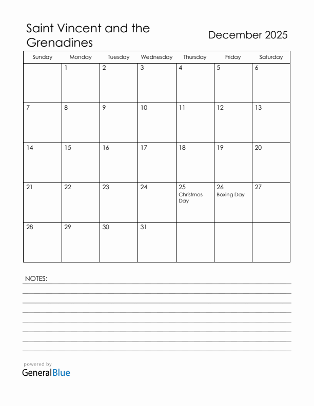 December 2025 Saint Vincent and the Grenadines Calendar with Holidays (Sunday Start)