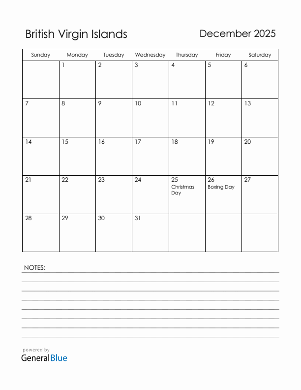 December 2025 British Virgin Islands Calendar with Holidays (Sunday Start)