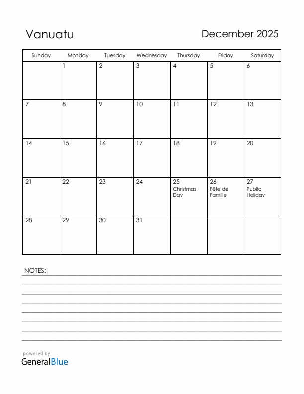 December 2025 Vanuatu Calendar with Holidays (Sunday Start)