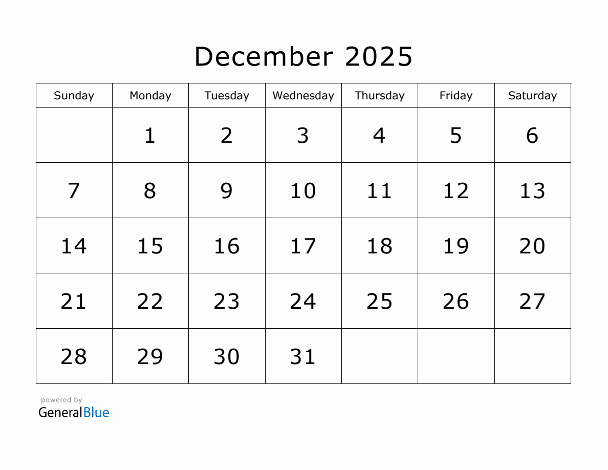 Printable December 2025 Calendar