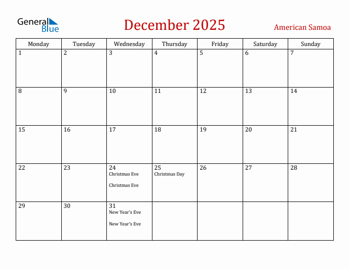 American Samoa December 2025 Calendar - Monday Start