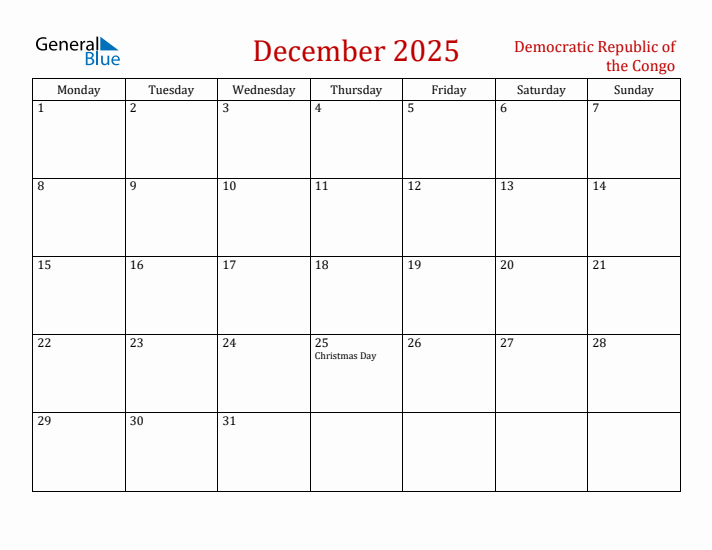 Democratic Republic of the Congo December 2025 Calendar - Monday Start