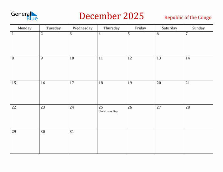 Republic of the Congo December 2025 Calendar - Monday Start