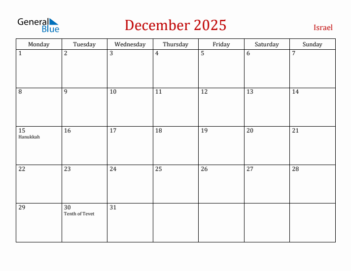 Israel December 2025 Calendar - Monday Start