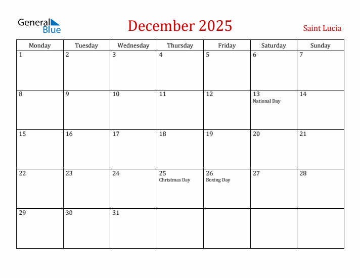 Saint Lucia December 2025 Calendar - Monday Start