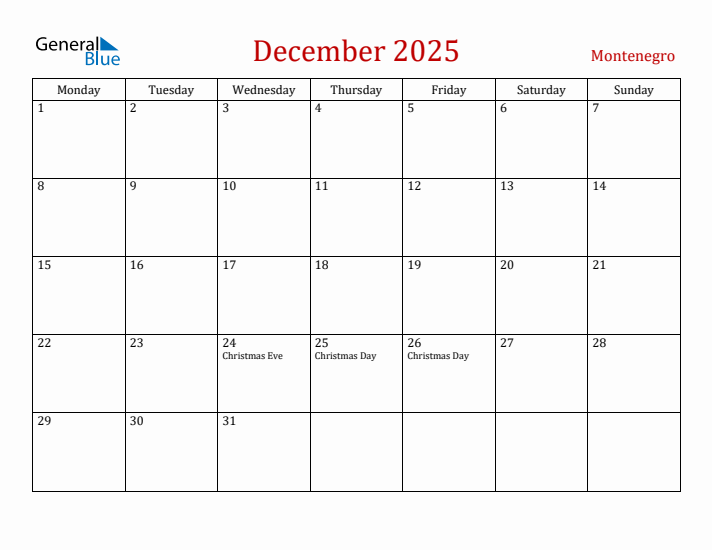 Montenegro December 2025 Calendar - Monday Start