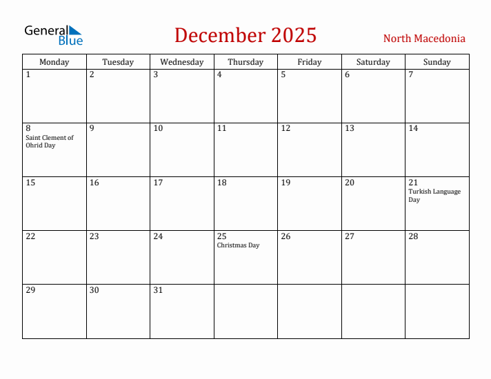 North Macedonia December 2025 Calendar - Monday Start