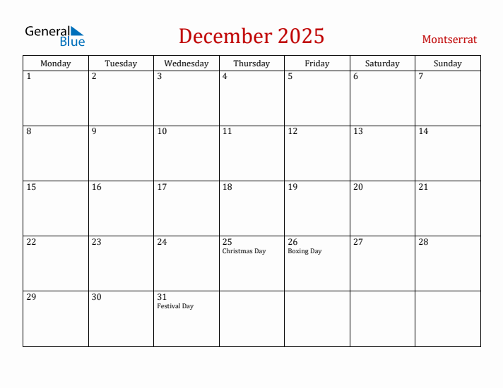 Montserrat December 2025 Calendar - Monday Start