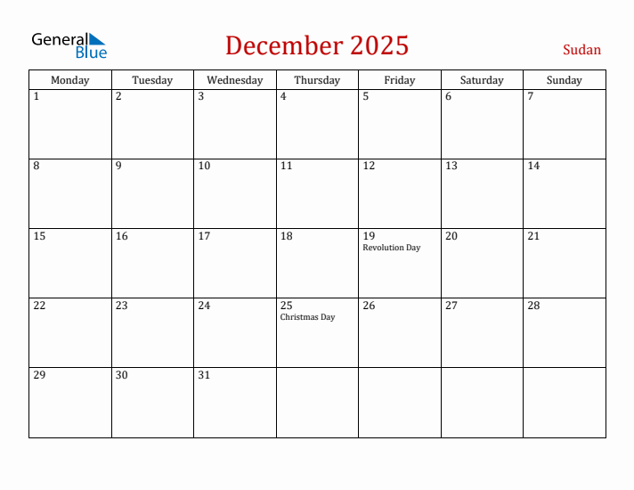Sudan December 2025 Calendar - Monday Start