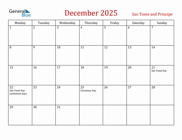 Sao Tome and Principe December 2025 Calendar - Monday Start