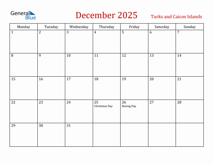 Turks and Caicos Islands December 2025 Calendar - Monday Start