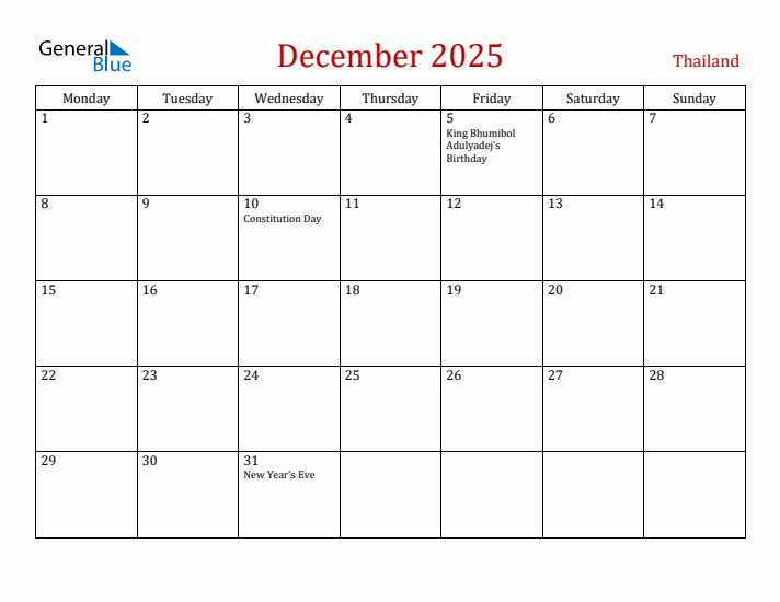 Thailand December 2025 Calendar - Monday Start