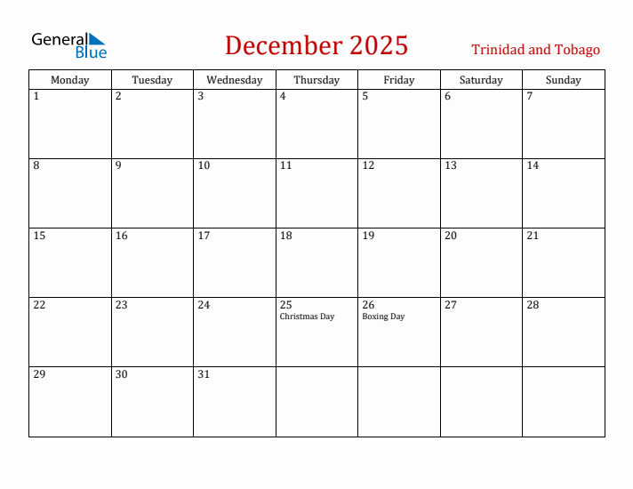 Trinidad and Tobago December 2025 Calendar - Monday Start