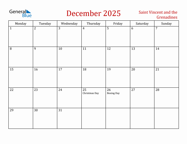 Saint Vincent and the Grenadines December 2025 Calendar - Monday Start